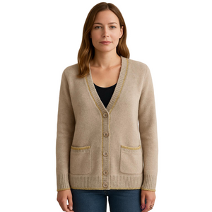 Juicy Couture Y2K Wool Blend Cardigan Sweater Tan Gold Metallic Trim Small